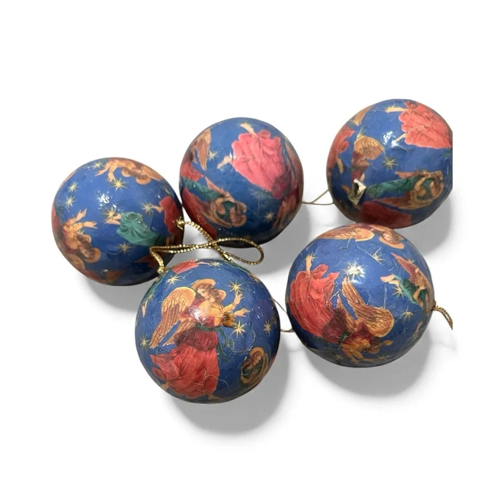 Vintage Paper Mache Set of 6 Angel Multicolored Ornaments‎